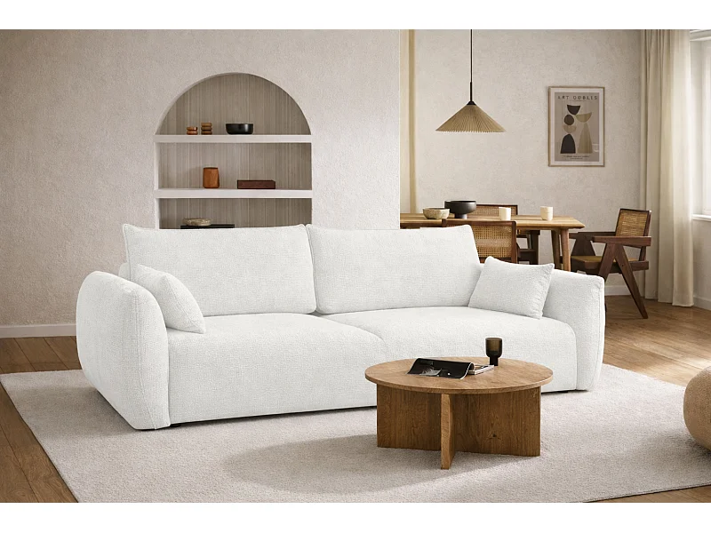 Sofa z funkcją spania i pojemnikiem, tkanina szenilowa Flow, Ecru, Zephira