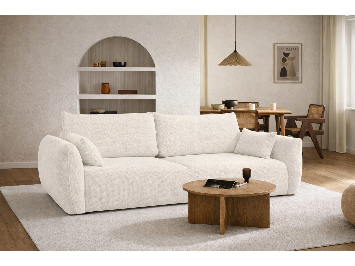 Bank met slaapfunctie en opbergruimte, chenille stof Flow, beige, Zephira