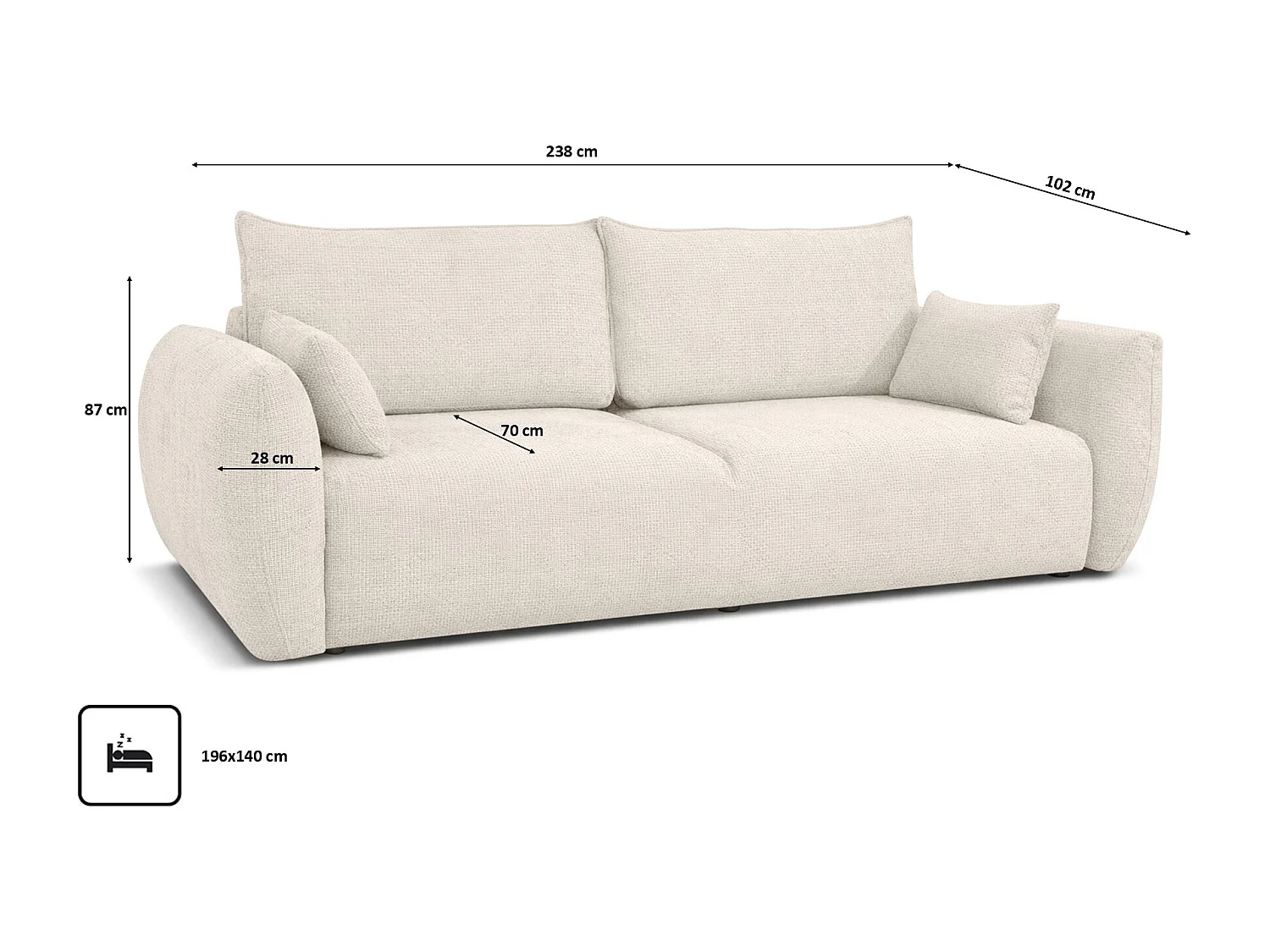 Bank met slaapfunctie en opbergruimte, chenille stof Flow, beige, Zephira