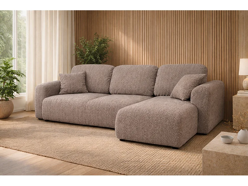 Divano angolare con funzione letto e contenitore, Divano a L Bingo L, tessuto chenille Artico, Beige, Destra