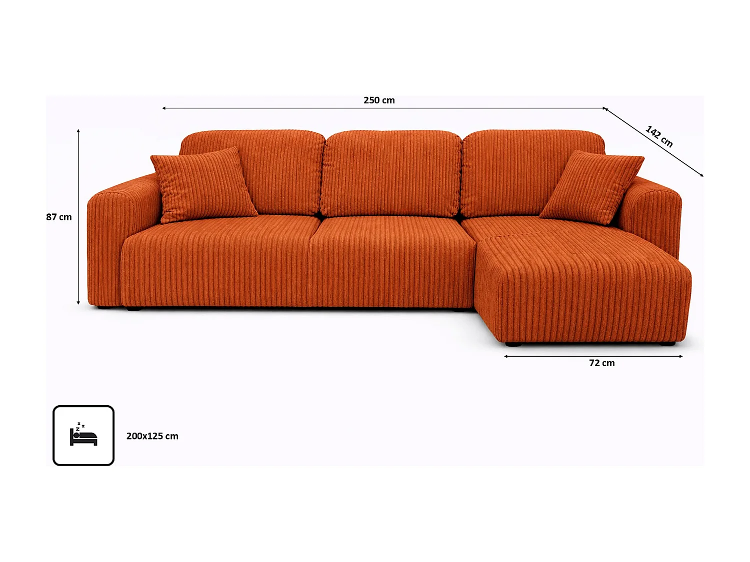 Narożnik w kształcie L z funkcją spania i pojemnikiem Bingo L, tkanina sztruksowa Poso, Miedziany, Prawy