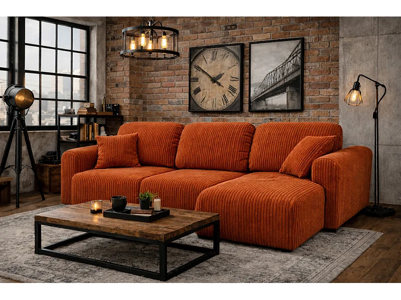 Canapé d’angle avec fonction couchage et coffre de rangement, Canapé en L Bingo L, tissu côtelé Poso, Cuivre, Droite