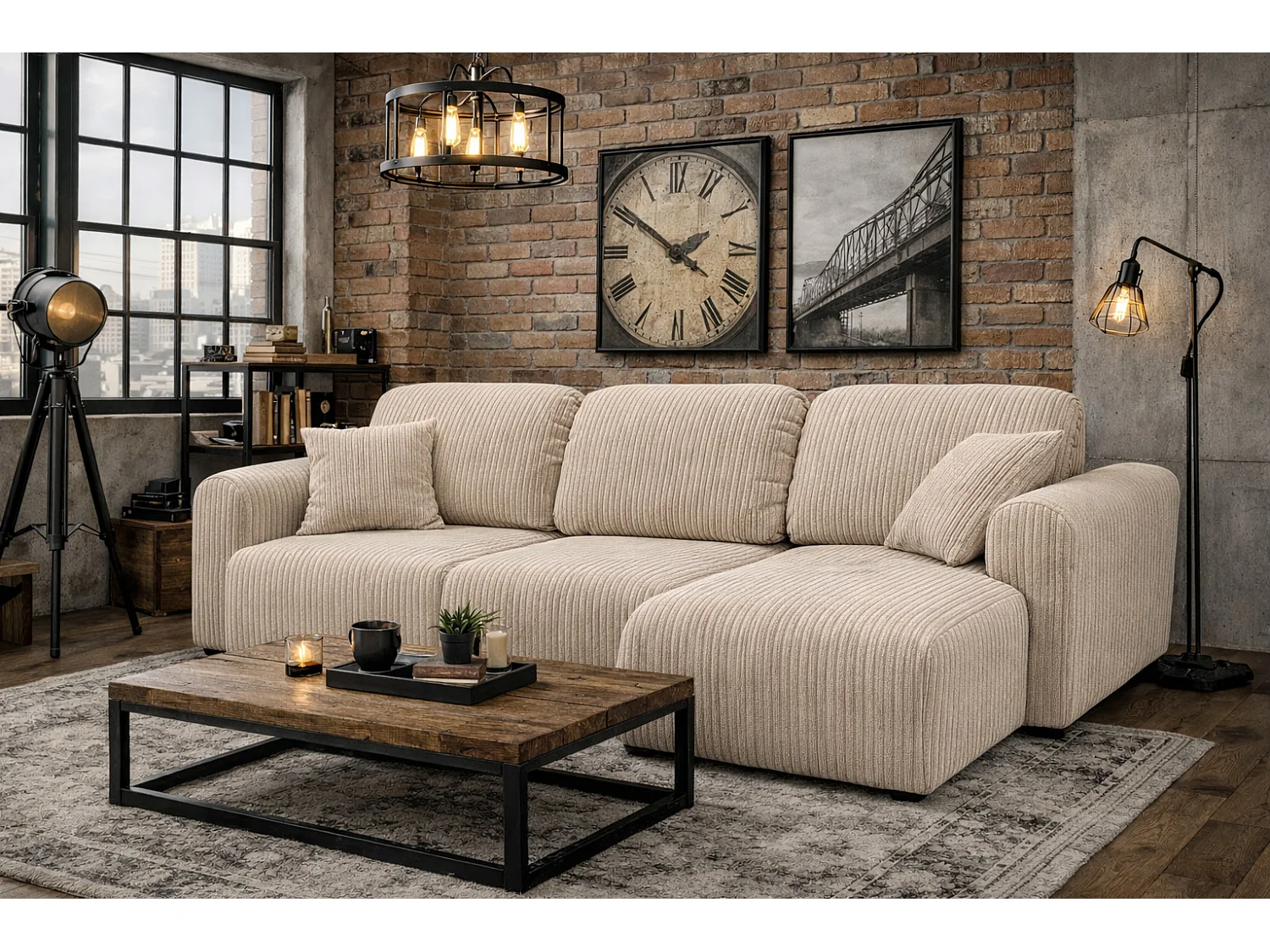 Narożnik w kształcie L z funkcją spania i pojemnikiem Bingo L, tkanina sztruksowa Poso, Beżowy, Prawy