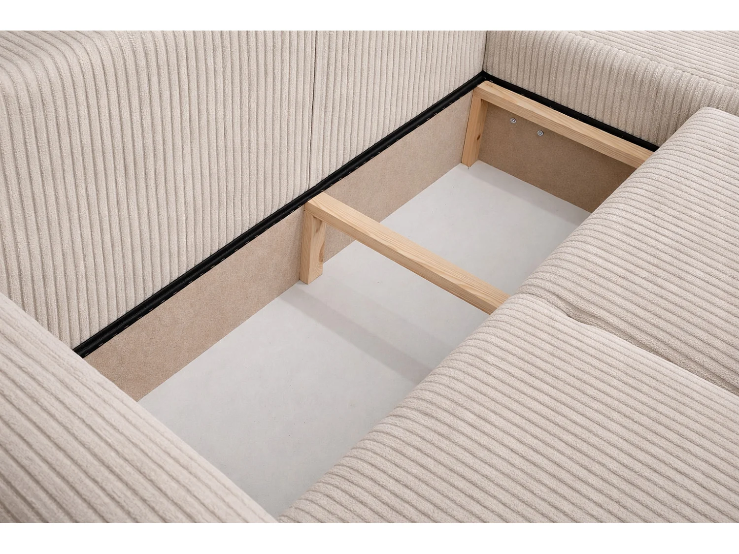 Narożnik w kształcie L z funkcją spania i pojemnikiem Bingo L, tkanina sztruksowa Poso, Beżowy, Prawy