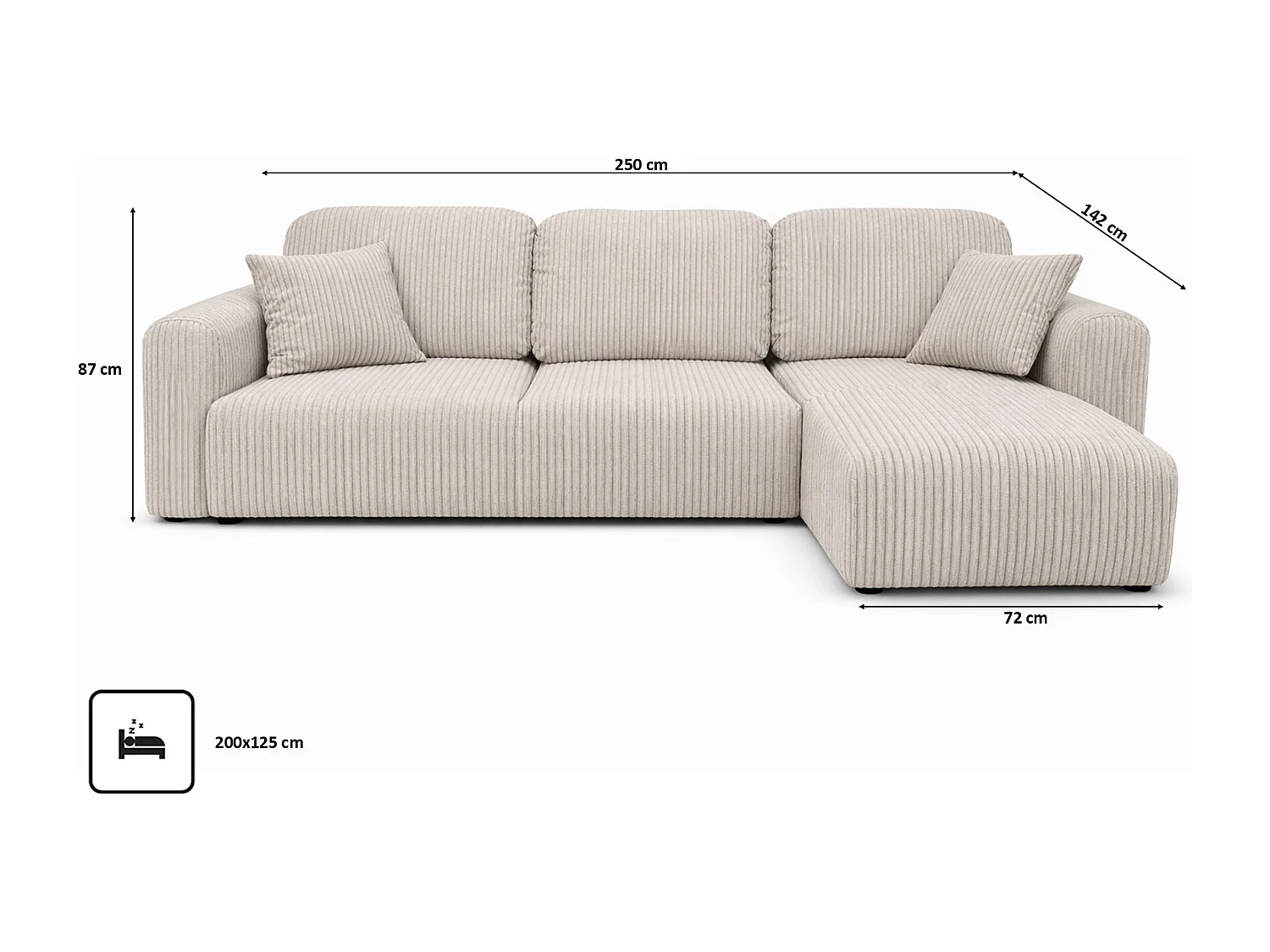 Narożnik w kształcie L z funkcją spania i pojemnikiem Bingo L, tkanina sztruksowa Poso, Beżowy, Prawy