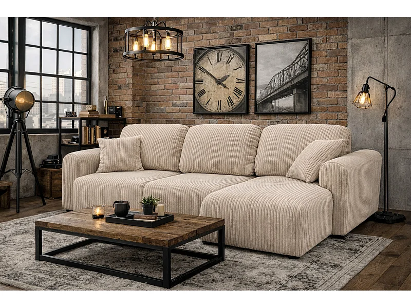 Divano angolare con funzione letto e contenitore, Divano a L Bingo L, tessuto a coste Poso, Beige, Destra