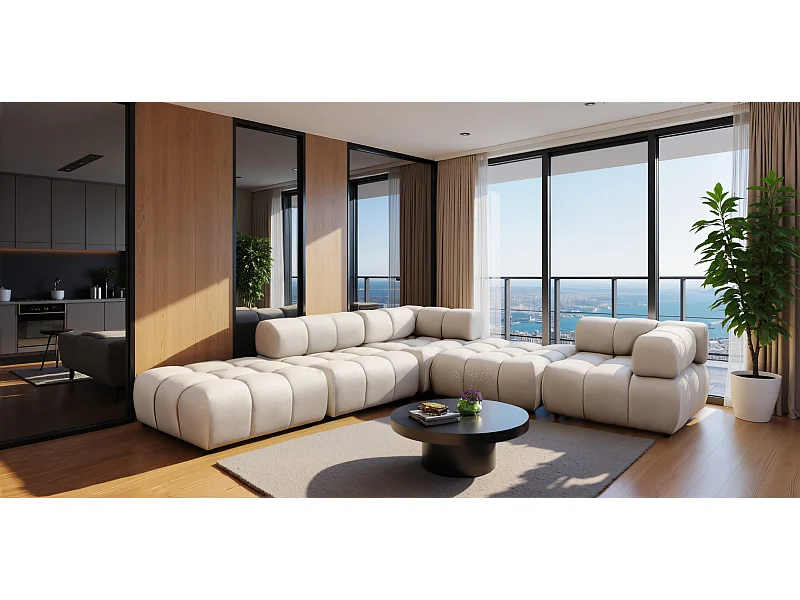 Modulaire hoekbank, Veloursstof Bluvel, Crème, Links, Bolla