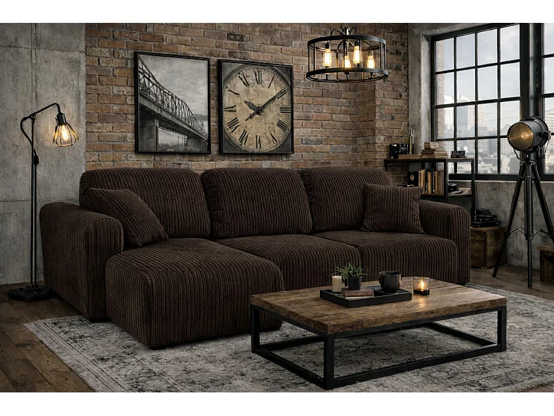 Hoekbank met slaapfunctie en opbergruimte, L-vormige bank Bingo L, ribstof Poso, Bruin, Links