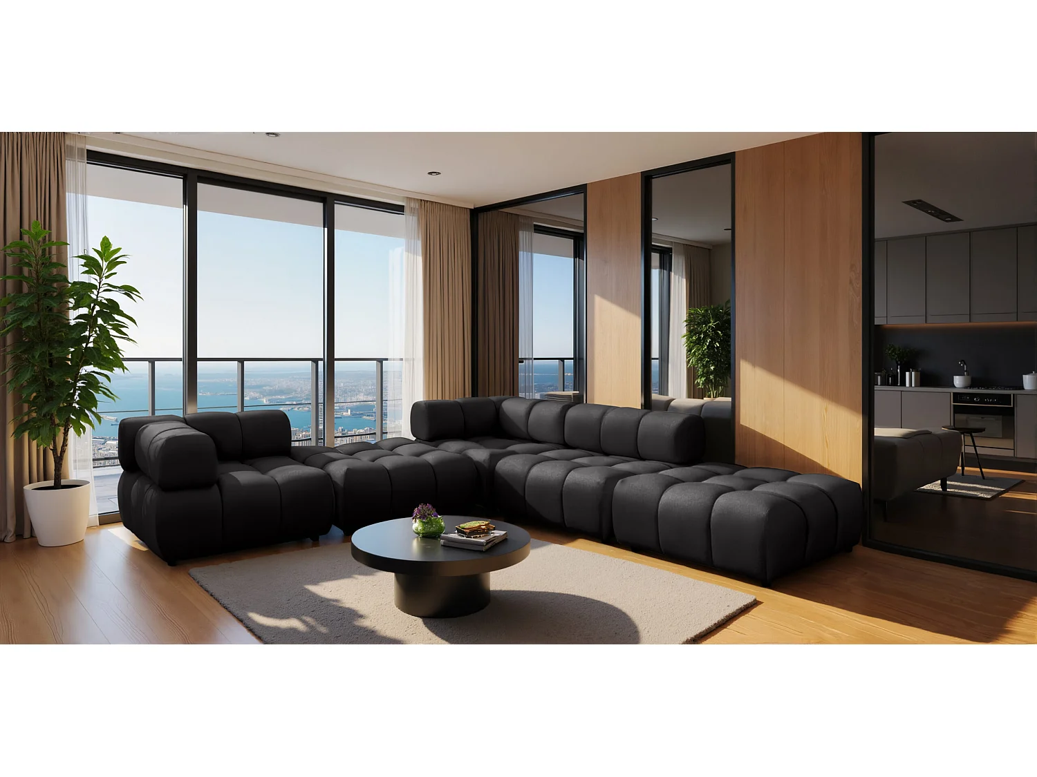 Modulaire hoekbank, Veloursstof Bluvel, Zwart, Rechts, Bolla