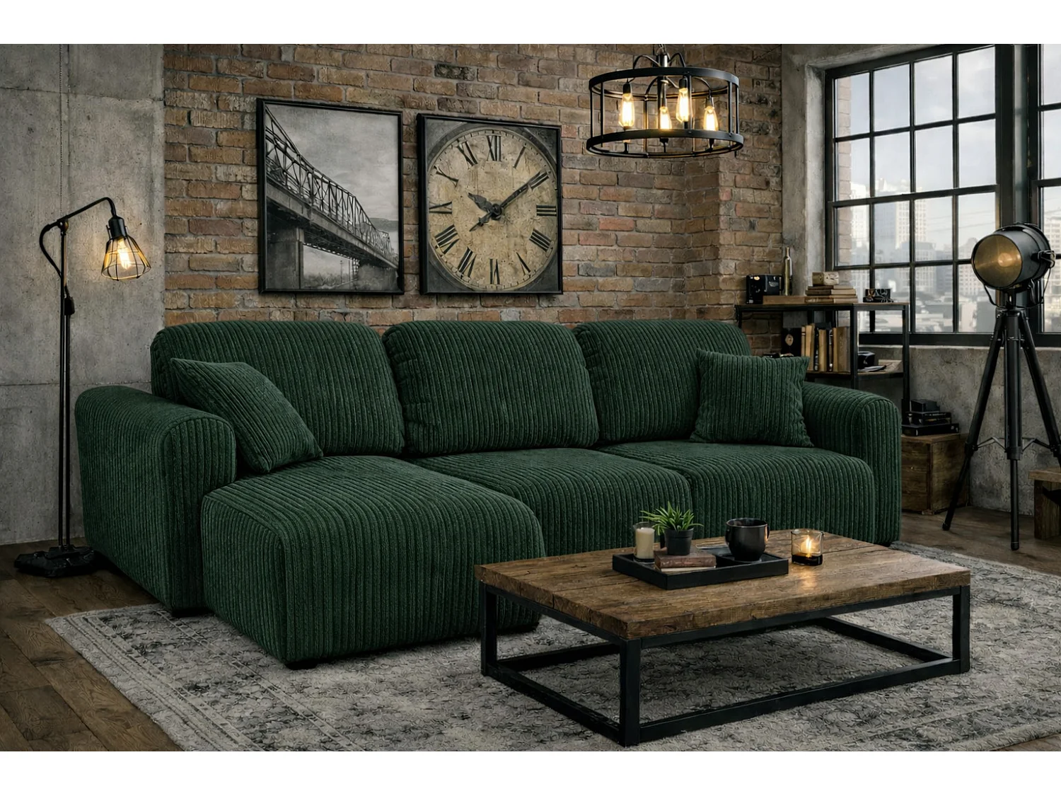 Narożnik w kształcie L z funkcją spania i pojemnikiem Bingo L, tkanina sztruksowa Poso, Zielony, Lewy