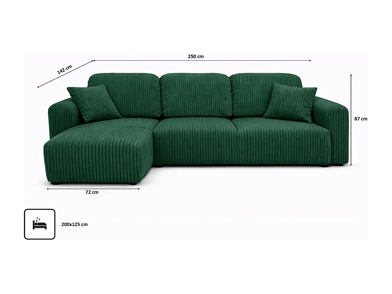 Narożnik w kształcie L z funkcją spania i pojemnikiem Bingo L, tkanina sztruksowa Poso, Zielony, Lewy