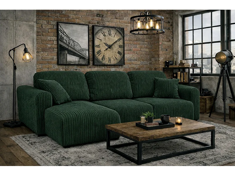 Canapé d’angle avec fonction couchage et coffre de rangement, Canapé en L Bingo L, tissu côtelé Poso, Vert, Gauche