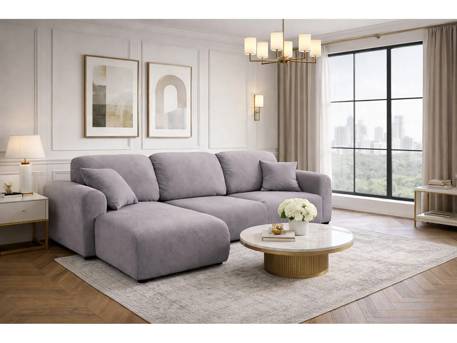 Narożnik w kształcie L z funkcją spania i pojemnikiem Bingo L, tkanina welurowa Salvador, Szary, Lewy