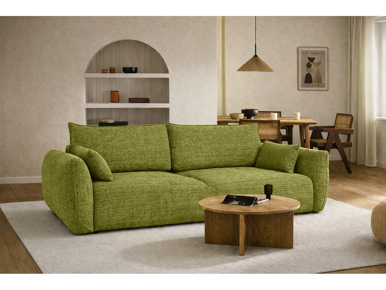 Bank met slaapfunctie en opbergruimte, chenille stof Flow, olijf, Zephira