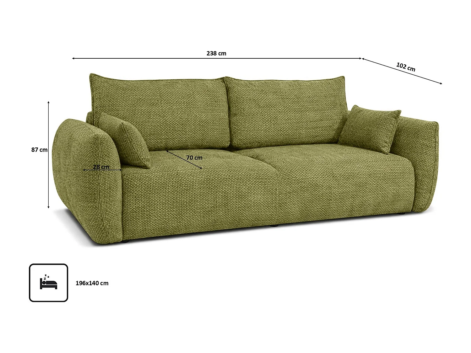 Bank met slaapfunctie en opbergruimte, chenille stof Flow, olijf, Zephira