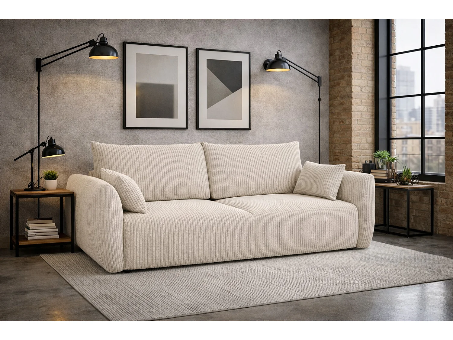 Sofa z funkcją spania i pojemnikiem, tkanina sztruksowa Poso, Beżowy, Zephira