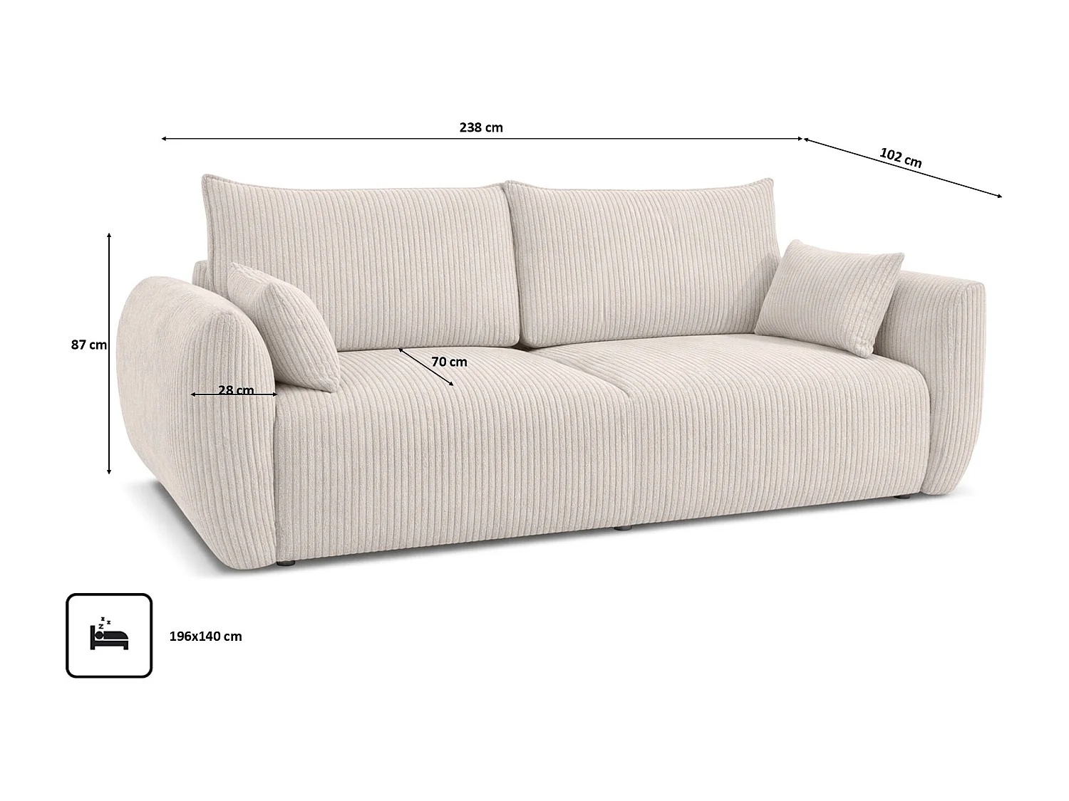 Sofa z funkcją spania i pojemnikiem, tkanina sztruksowa Poso, Beżowy, Zephira