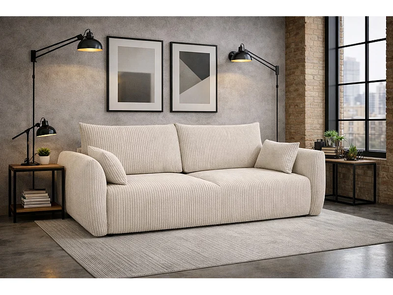 Canapé avec fonction couchage et coffre, tissu côtelé Poso, Beige, Zephira