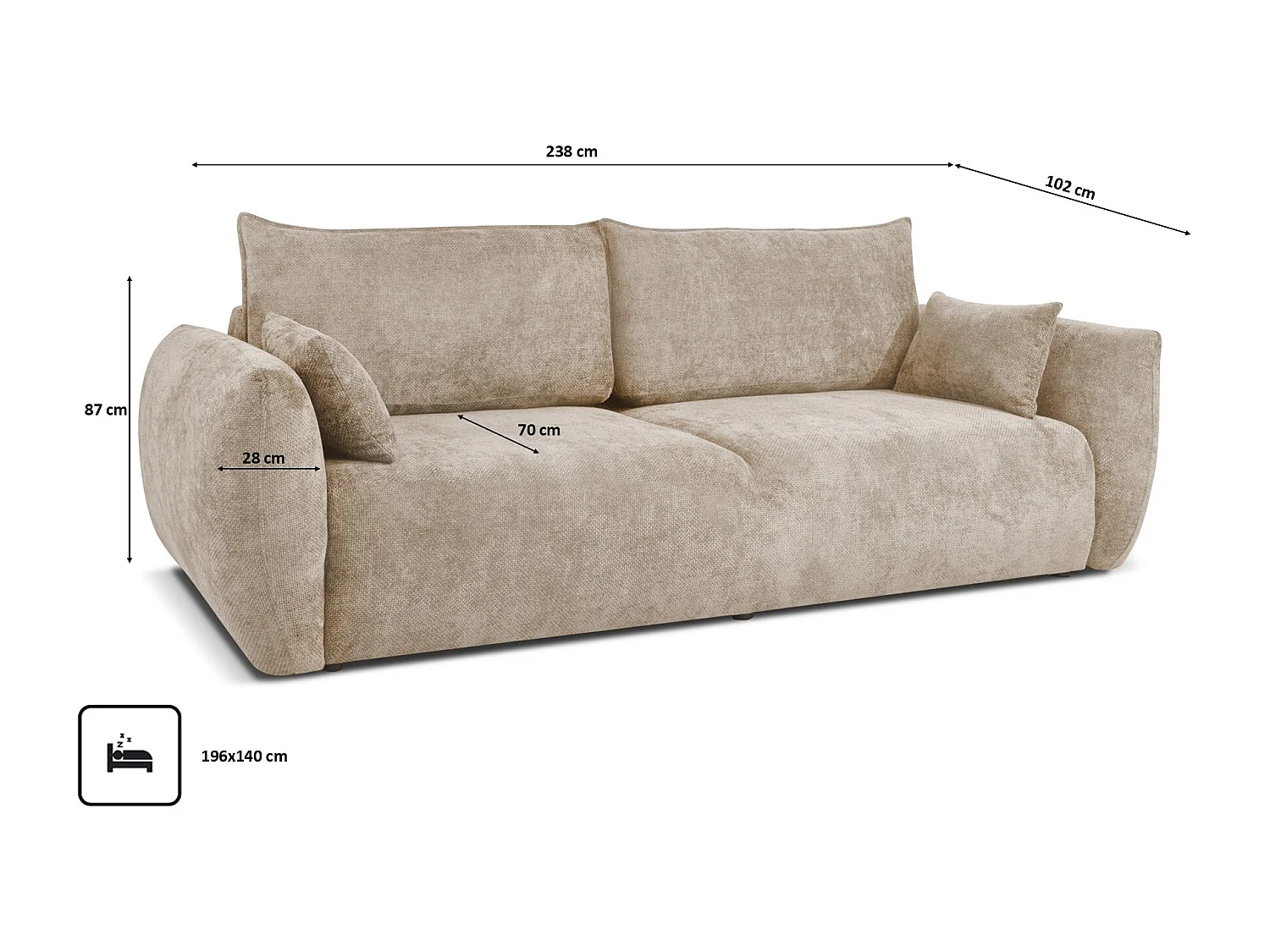 Bank met slaapfunctie en opbergruimte, chenille stof Flow, donkerbeige, Zephira