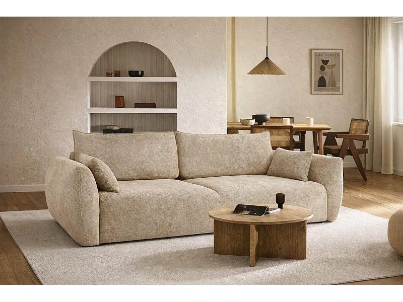 Sofa z funkcją spania i pojemnikiem, tkanina szenilowa Flow, Ciemnobeżowy, Zephira