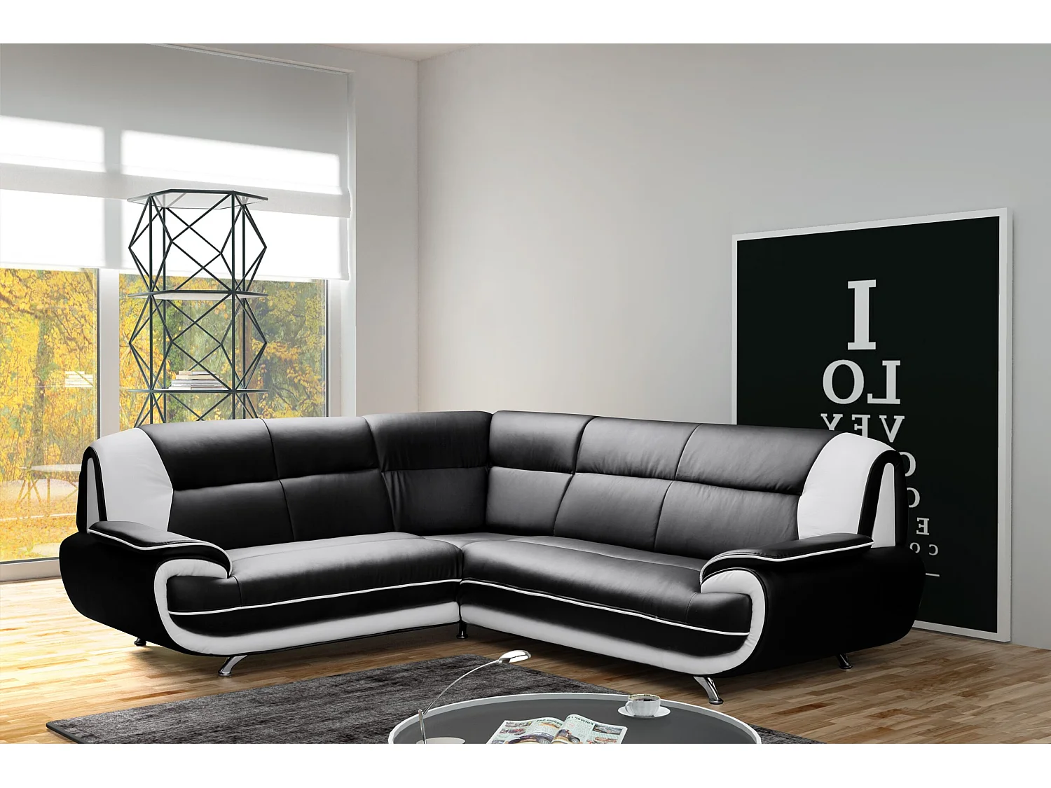 Canapé d’angle en L, tissu Soft, noir + blanc, gauche, Palermo