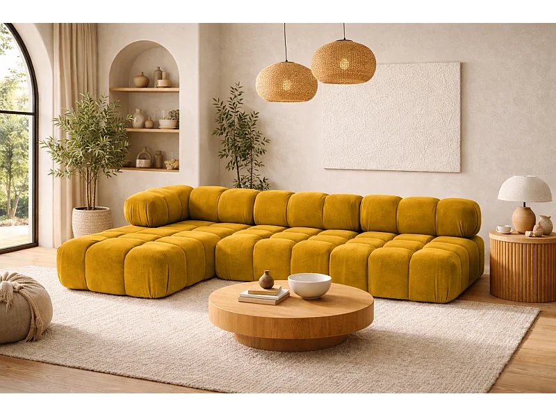 Hoekbank modulair L-vorm, veloursstof Salvador, geel, links, Selia