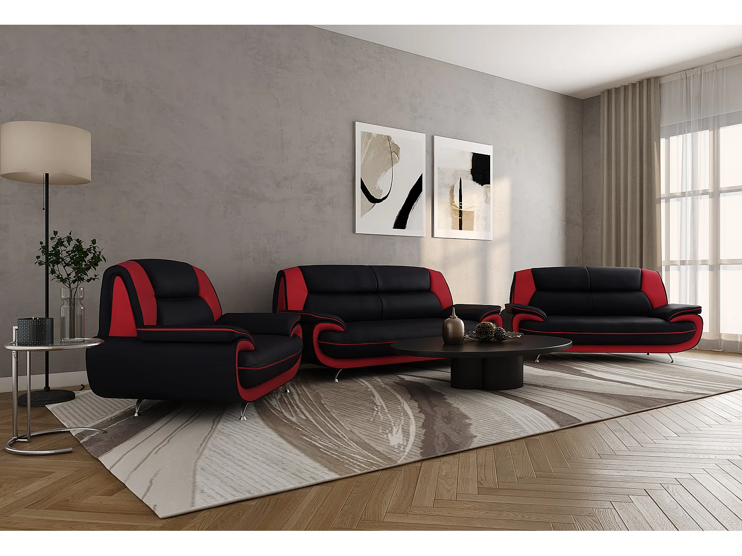 Komplet wypoczynkowy 3+2+1, tkanina Soft, czarno-czerwony, Palermo