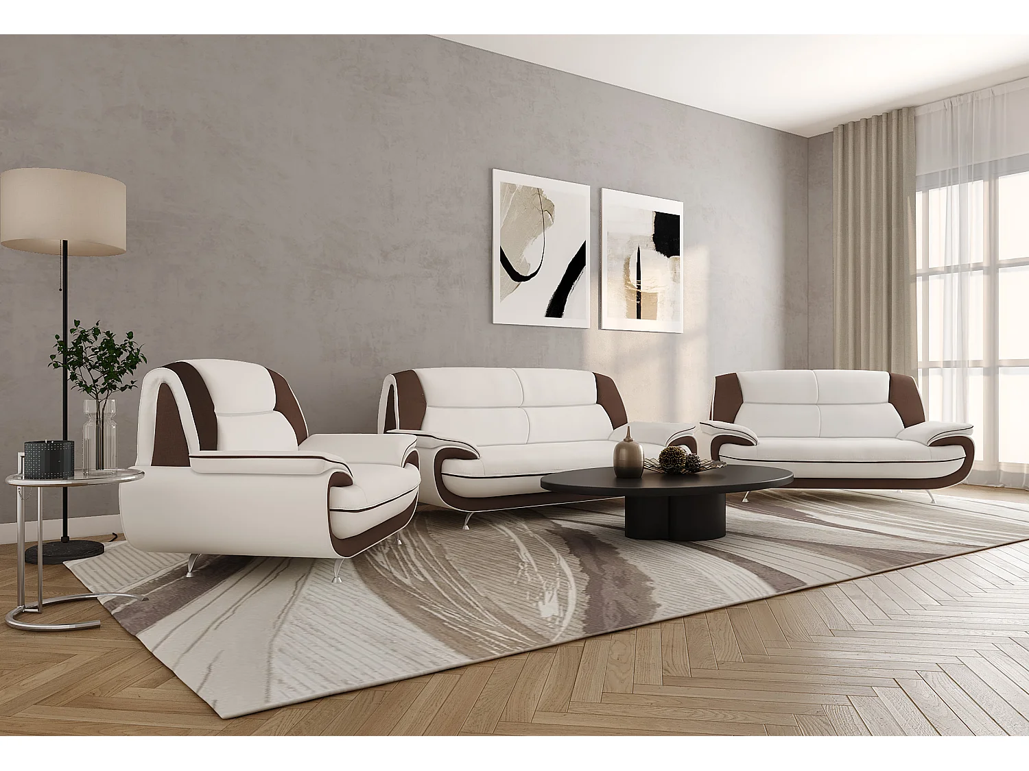 Komplet wypoczynkowy 3+2+1, tkanina Kronos, biało-brązowy, Palermo