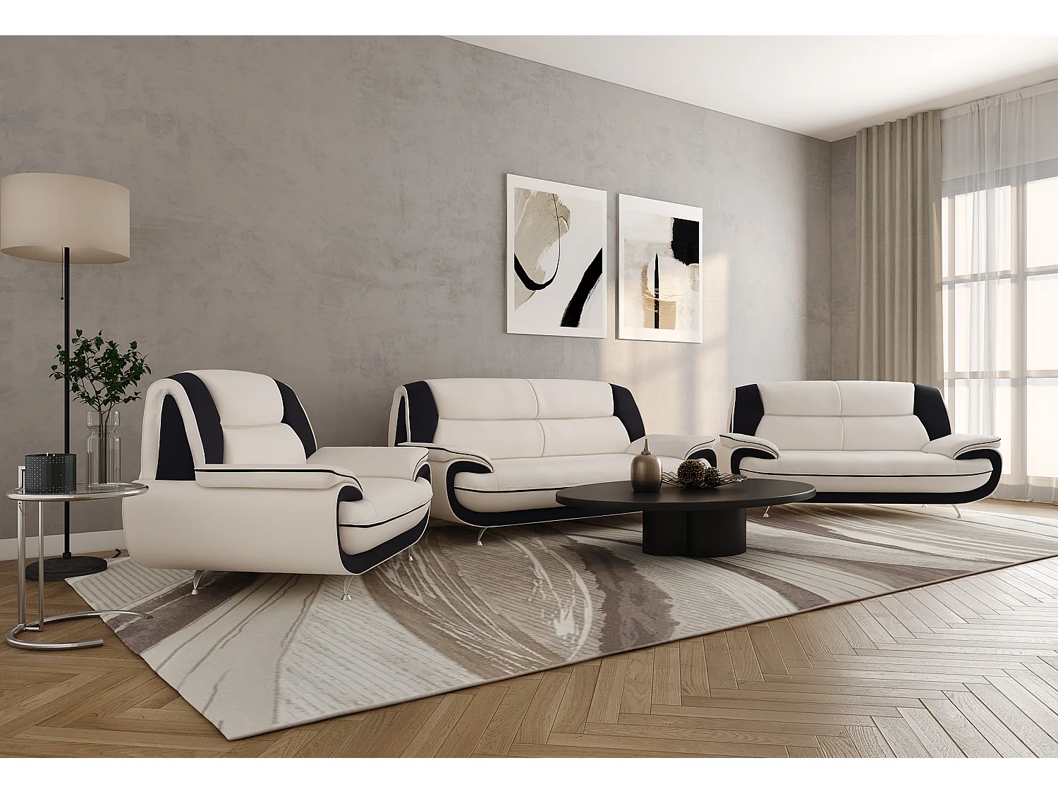 Komplet wypoczynkowy 3+2+1, tkanina Soft, biało-czarny, Palermo