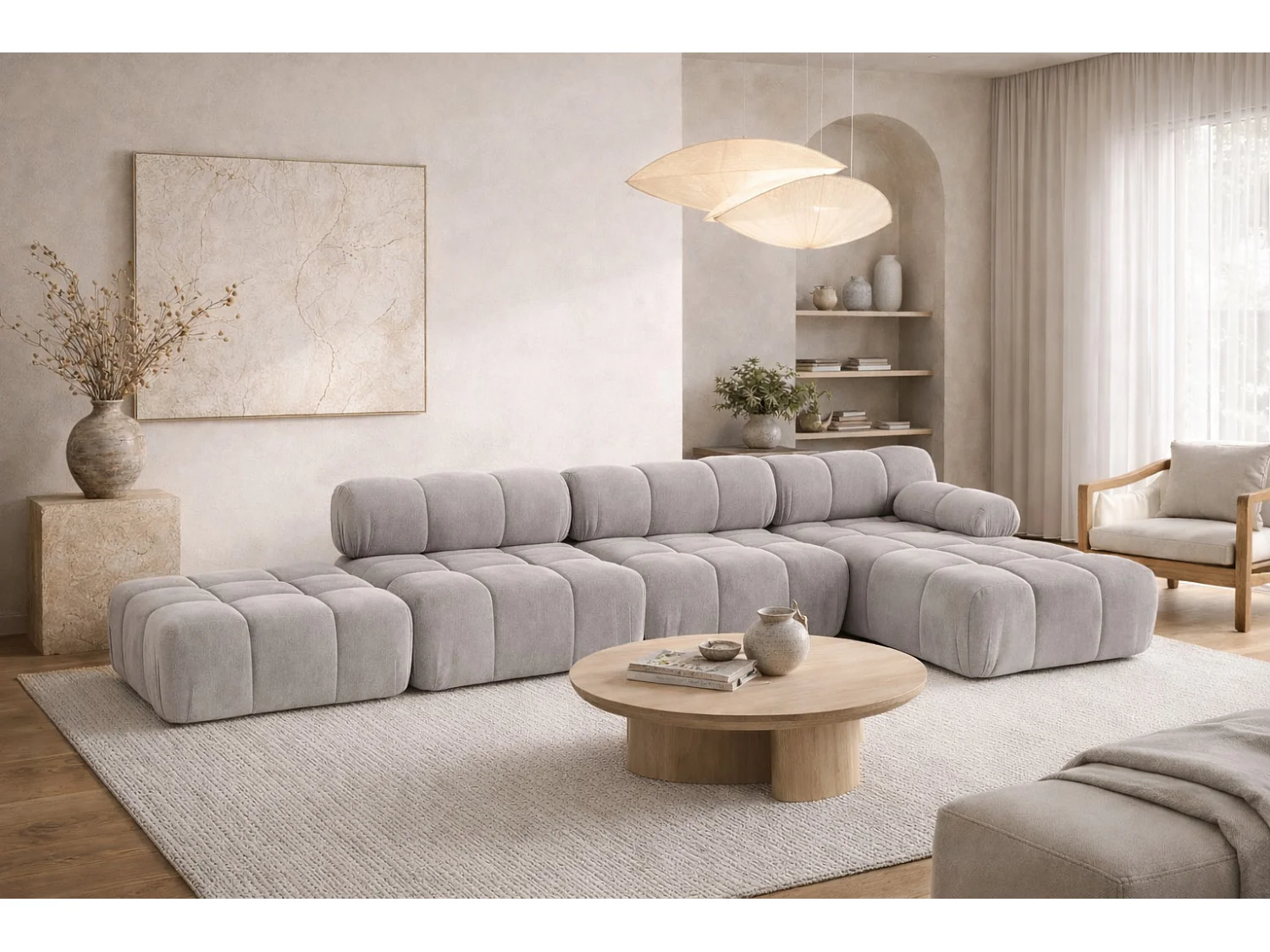 Hoekbank L-vorm XL, stof velours Salvador, Grijs, Rechts, Selia L XL