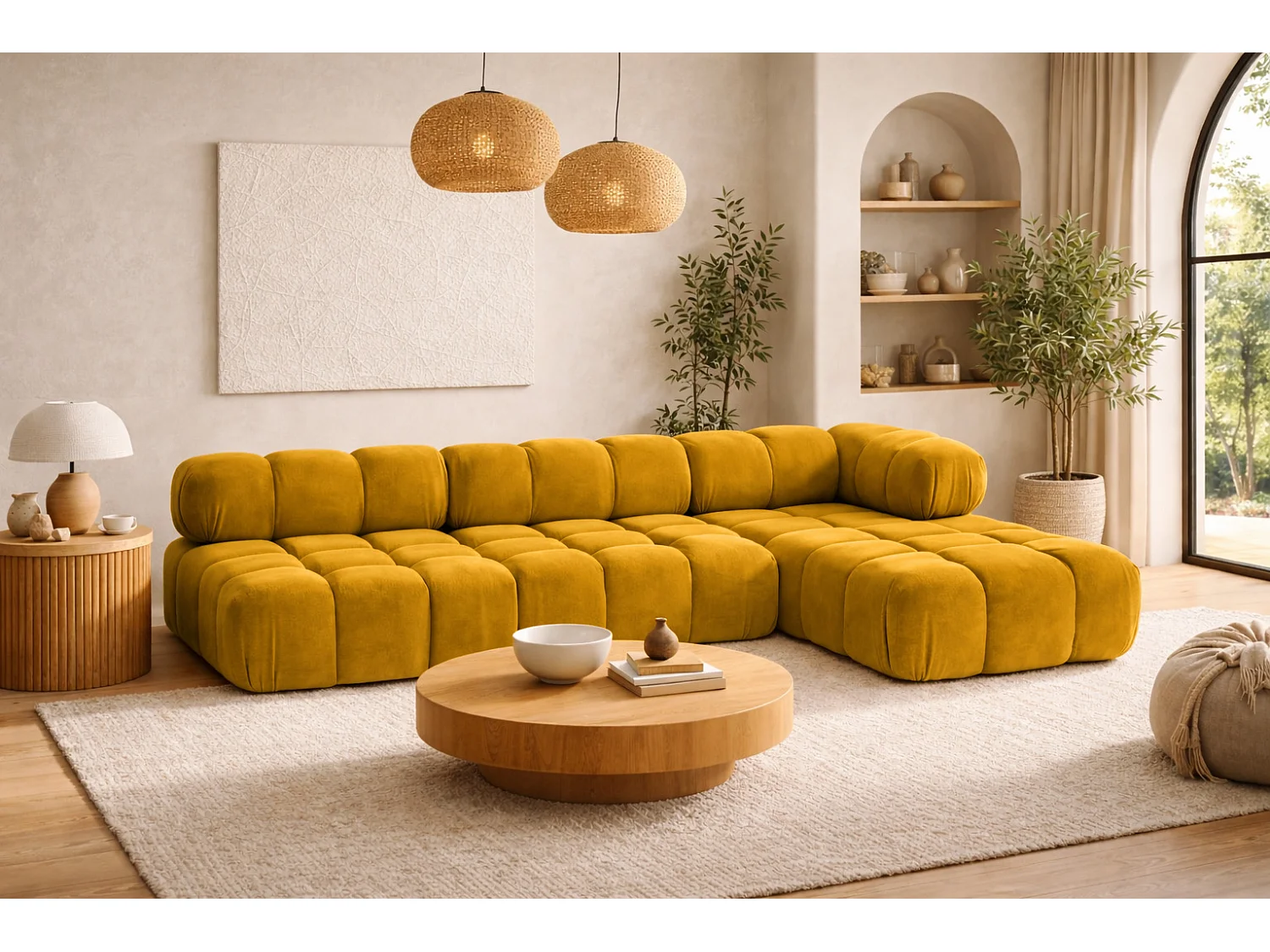 Ecksofa Modulare L-Form, Veloursstoff Salvador, Gelb, Rechts, Selia