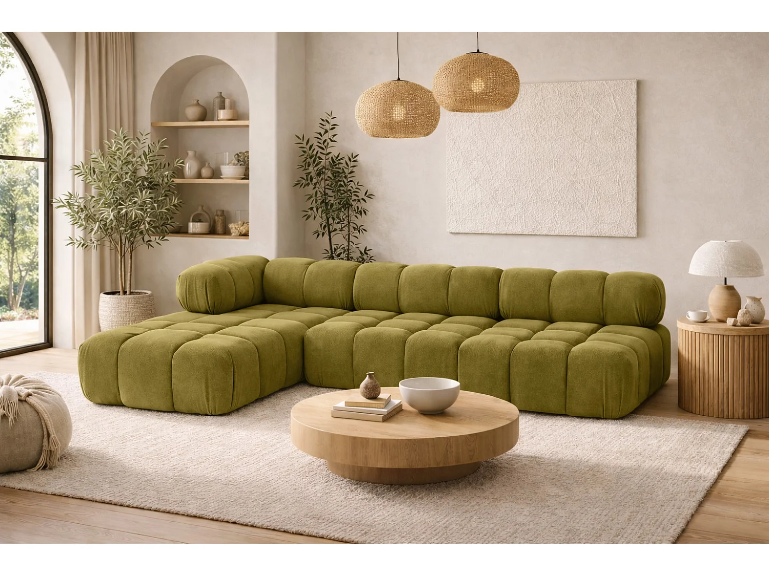 Ecksofa Modulare L-Form, Veloursstoff Salvador, Olive, Links, Selia