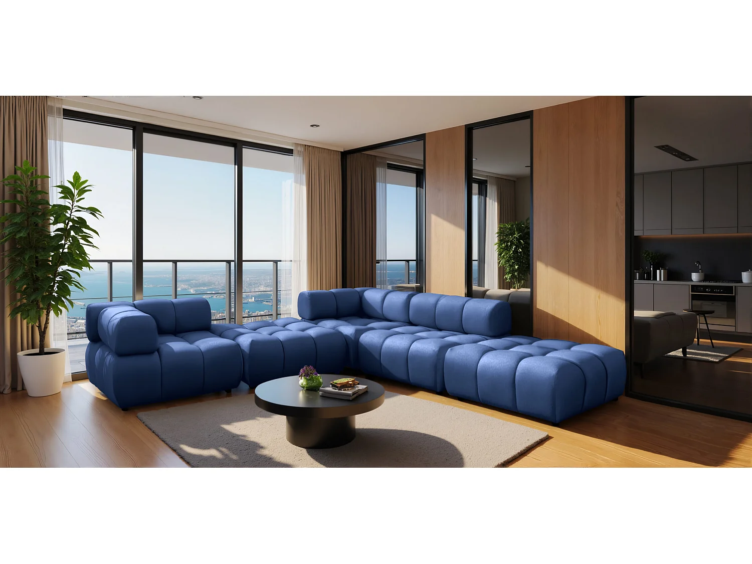 Modulaire hoekbank, Veloursstof Bluvel, Inktblauw, Rechts, Bolla