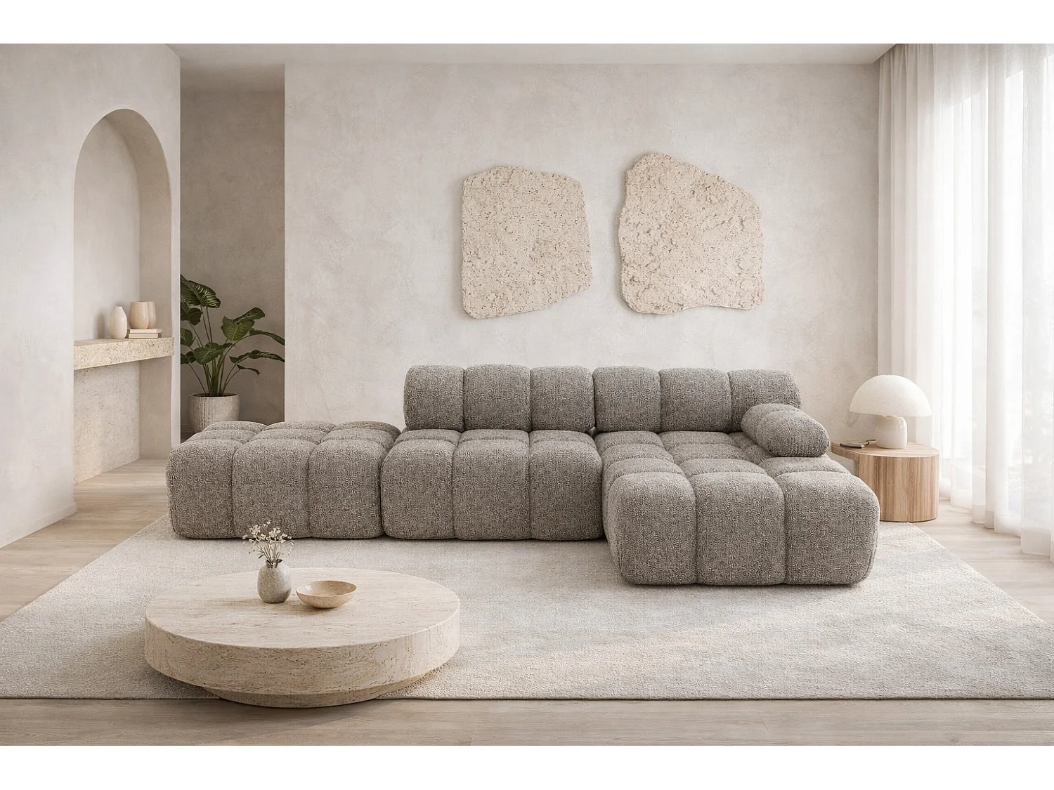 Ecksofa modular mit Hocker, Sofa L-Form, Bouclé-Stoff Abriamo, Braun, Rechts, Selia