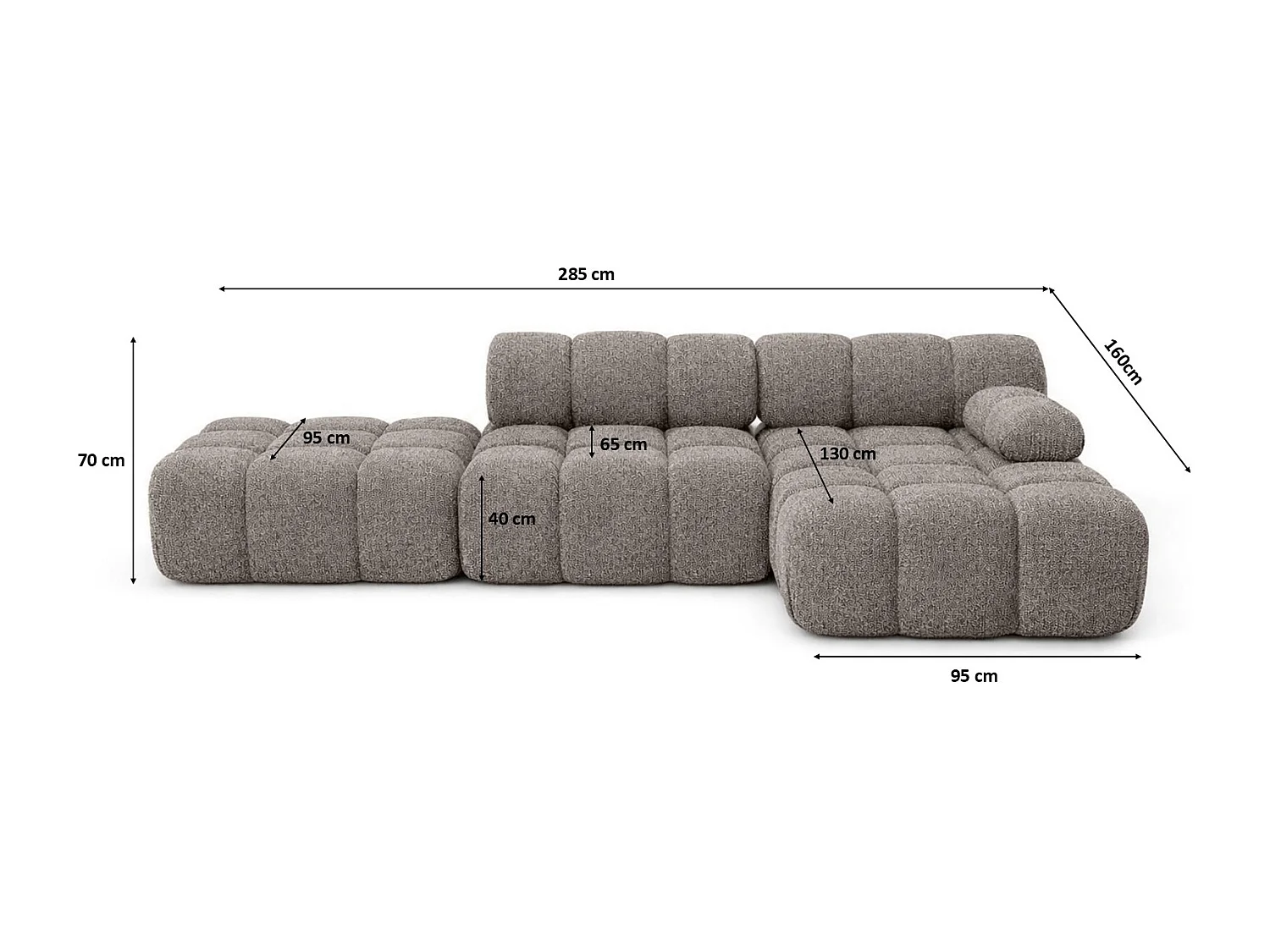 Ecksofa modular mit Hocker, Sofa L-Form, Bouclé-Stoff Abriamo, Braun, Rechts, Selia