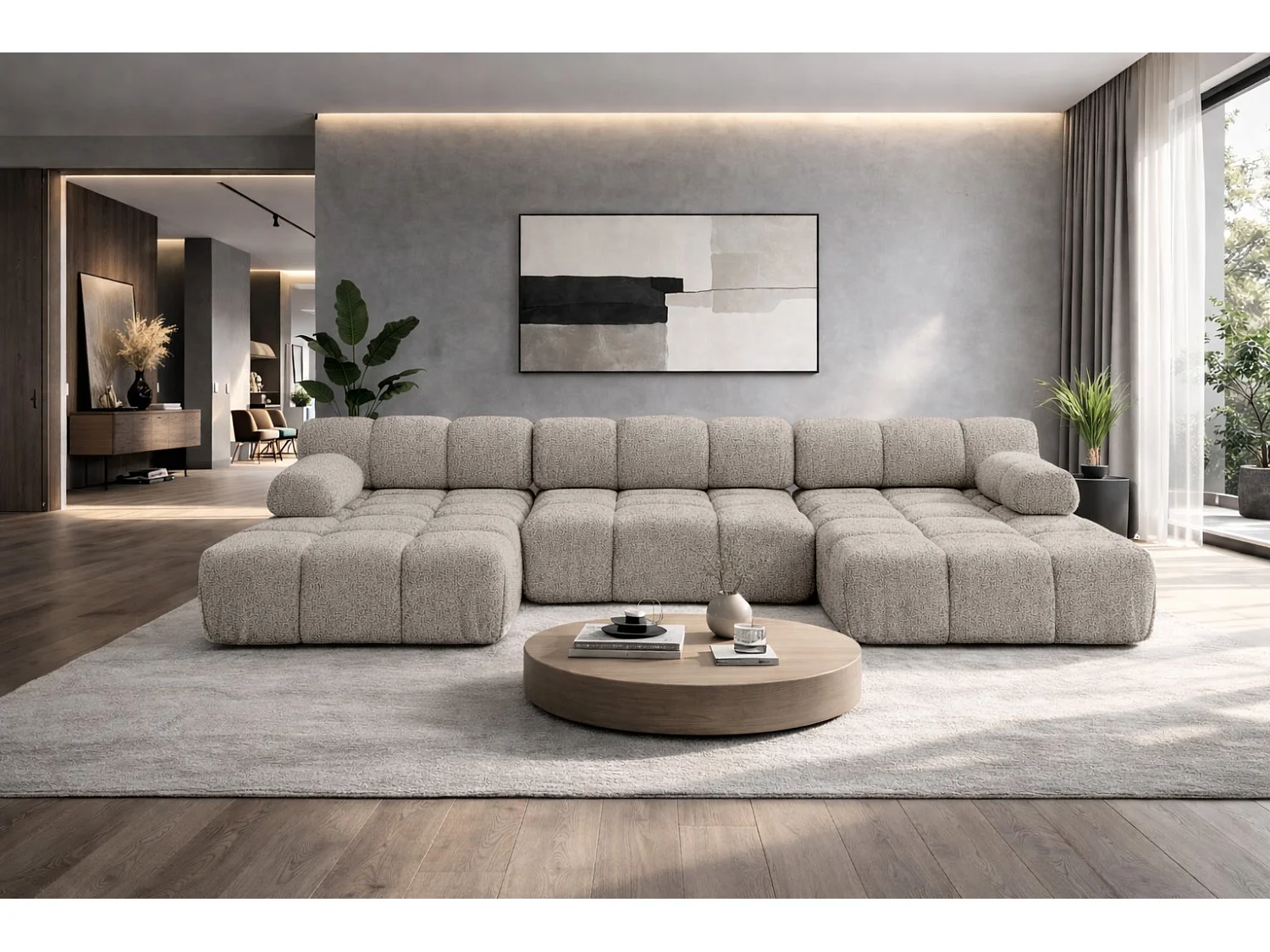 Ecksofa U-Form, Stoff Bouclé Abriamo, Beige, Selia U