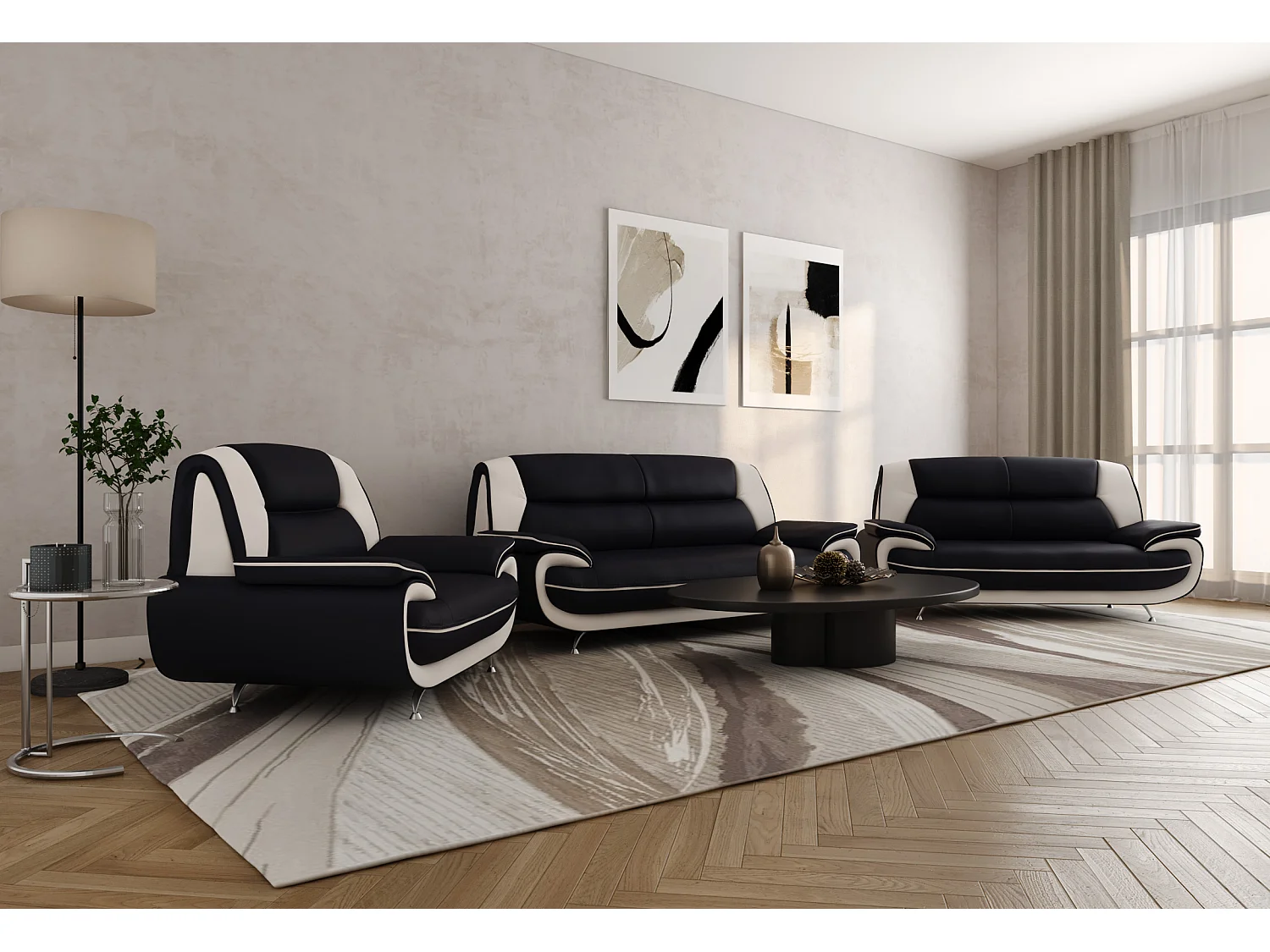 Komplet wypoczynkowy 3+2+1, tkanina Soft, czarno-biały, Palermo