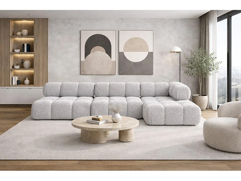 Ecksofa Modulare L-Form, Bouclé-Stoff Abriamo, Hellgrau, Rechts, Selia