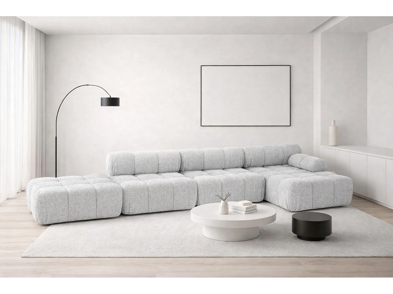 Narożnik modułowy w kształcie L, tkanina bukla Abriamo, Jasnoszary, Prawy, Selia L XL