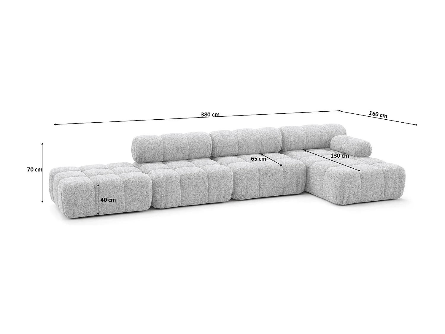 Narożnik modułowy w kształcie L, tkanina bukla Abriamo, Jasnoszary, Prawy, Selia L XL