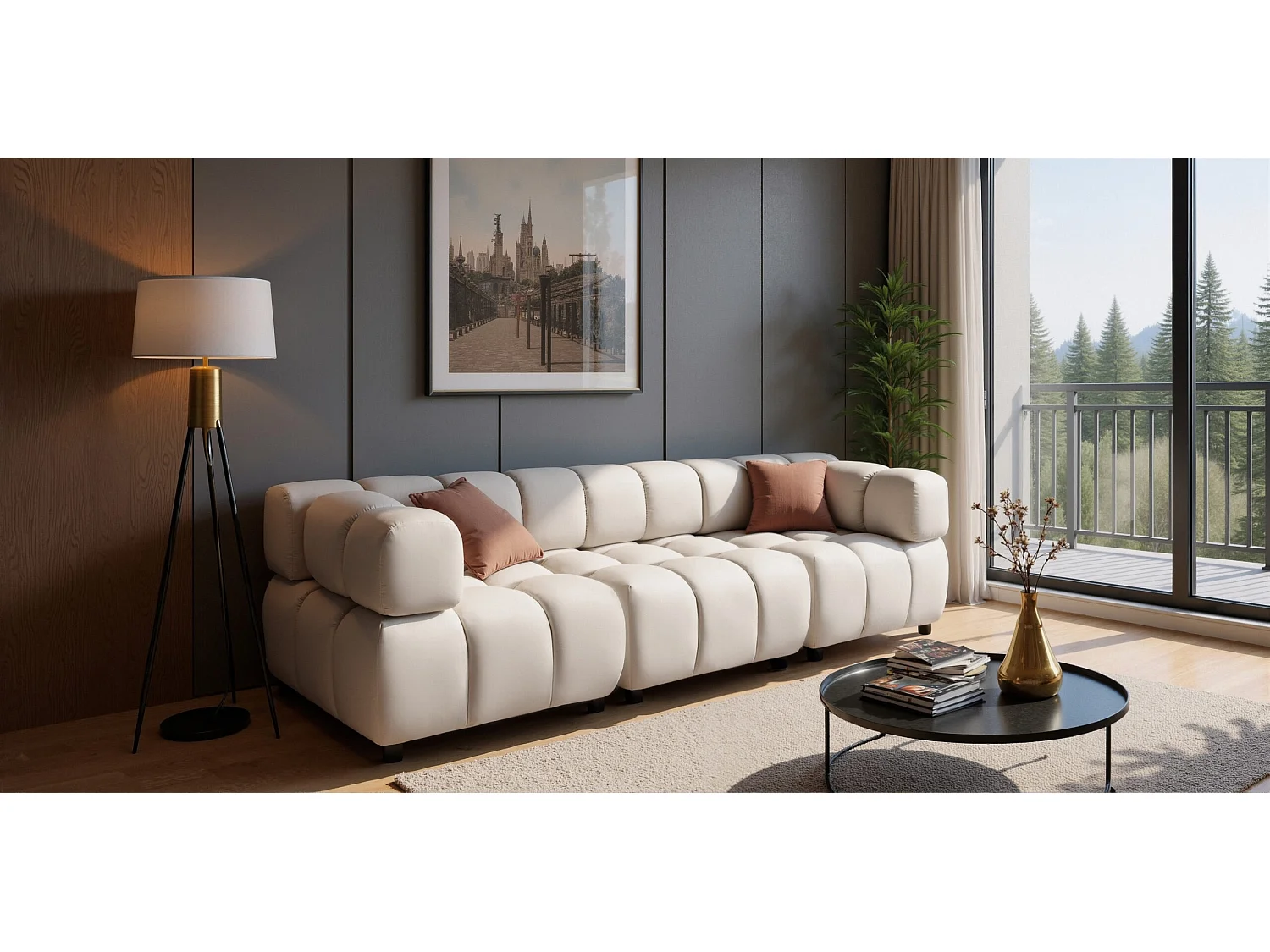 Canapé modulaire 4 places, Velours Bluvel, Crème, Bolla