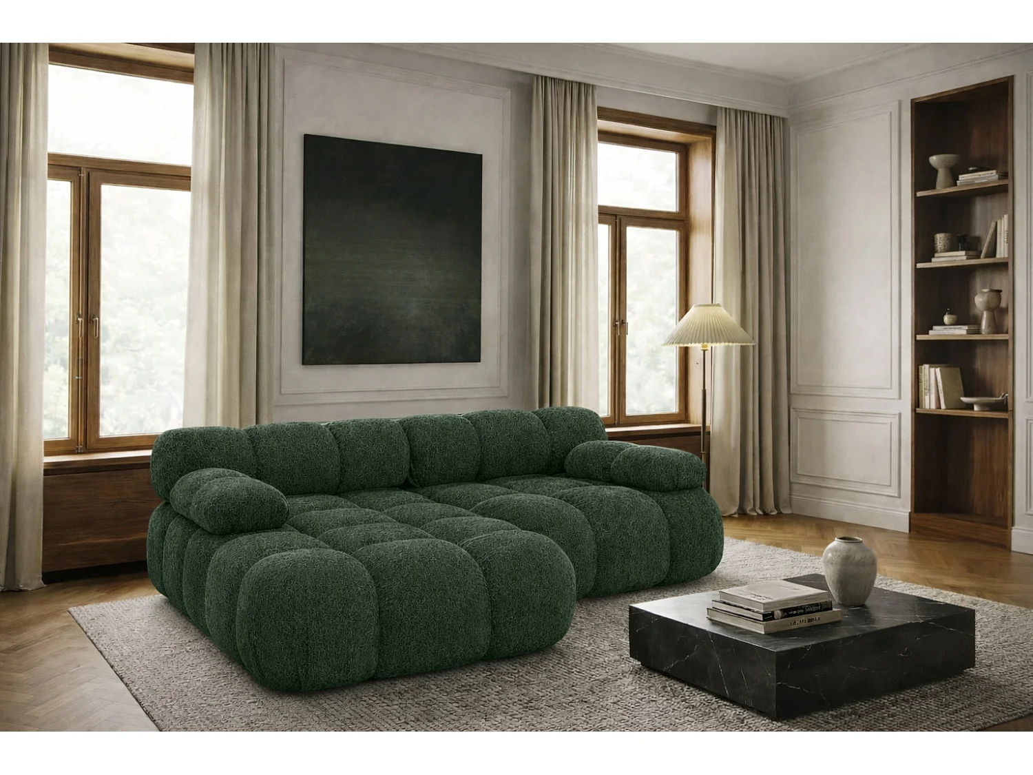 Modulaire hoekbank L mini, bouclé stof Abriamo, Donkergroen, Links, Selia