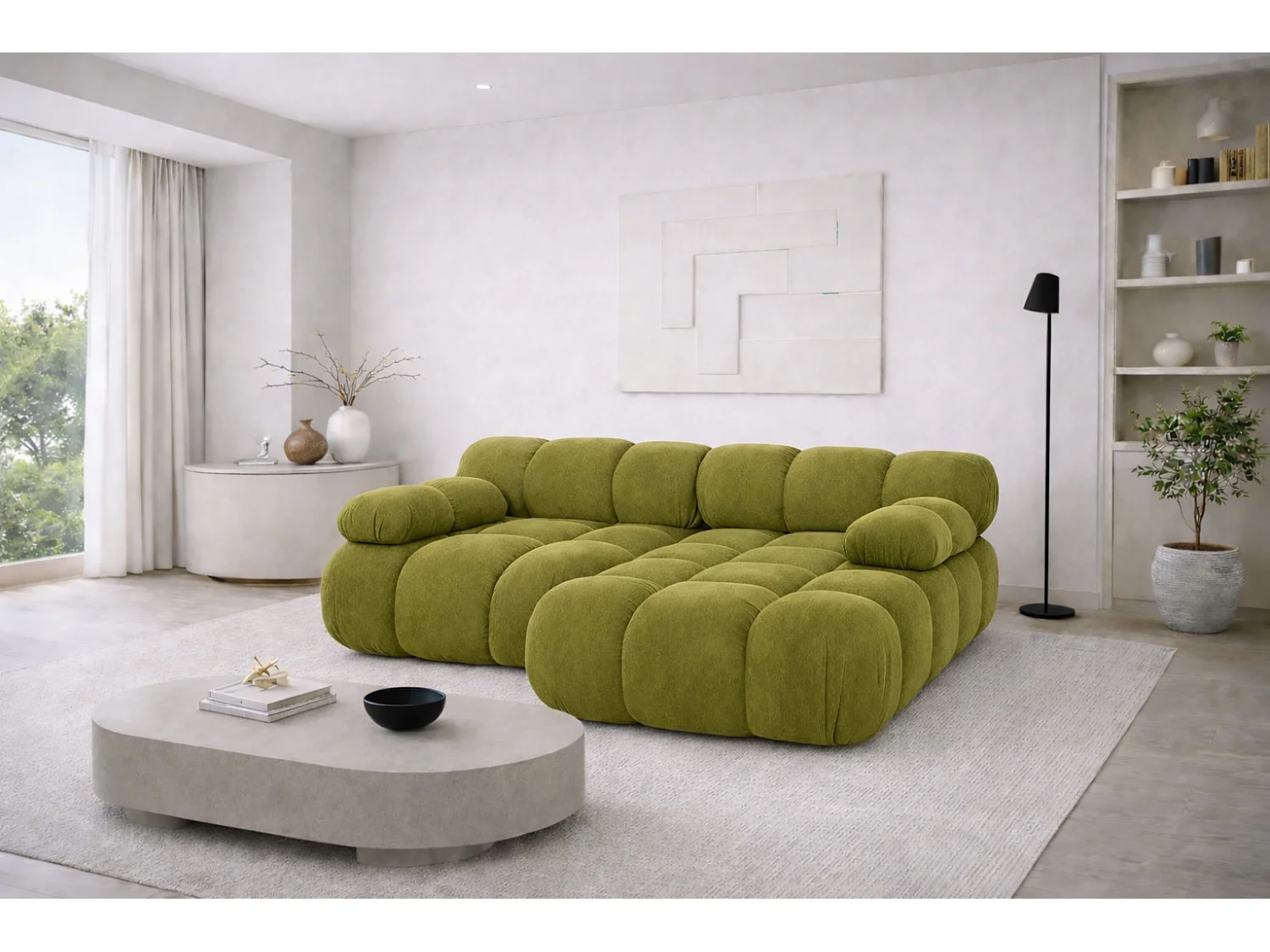 Divano angolare modulare a L Mini, velluto Salvador, Oliva, Destro, Selia