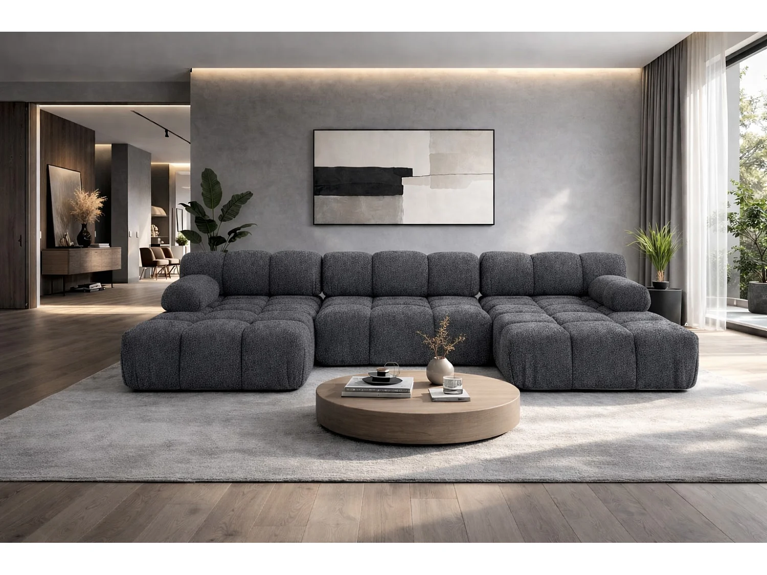 Ecksofa U-Form, Stoff Bouclé Abriamo, Dunkelgrau, Selia U