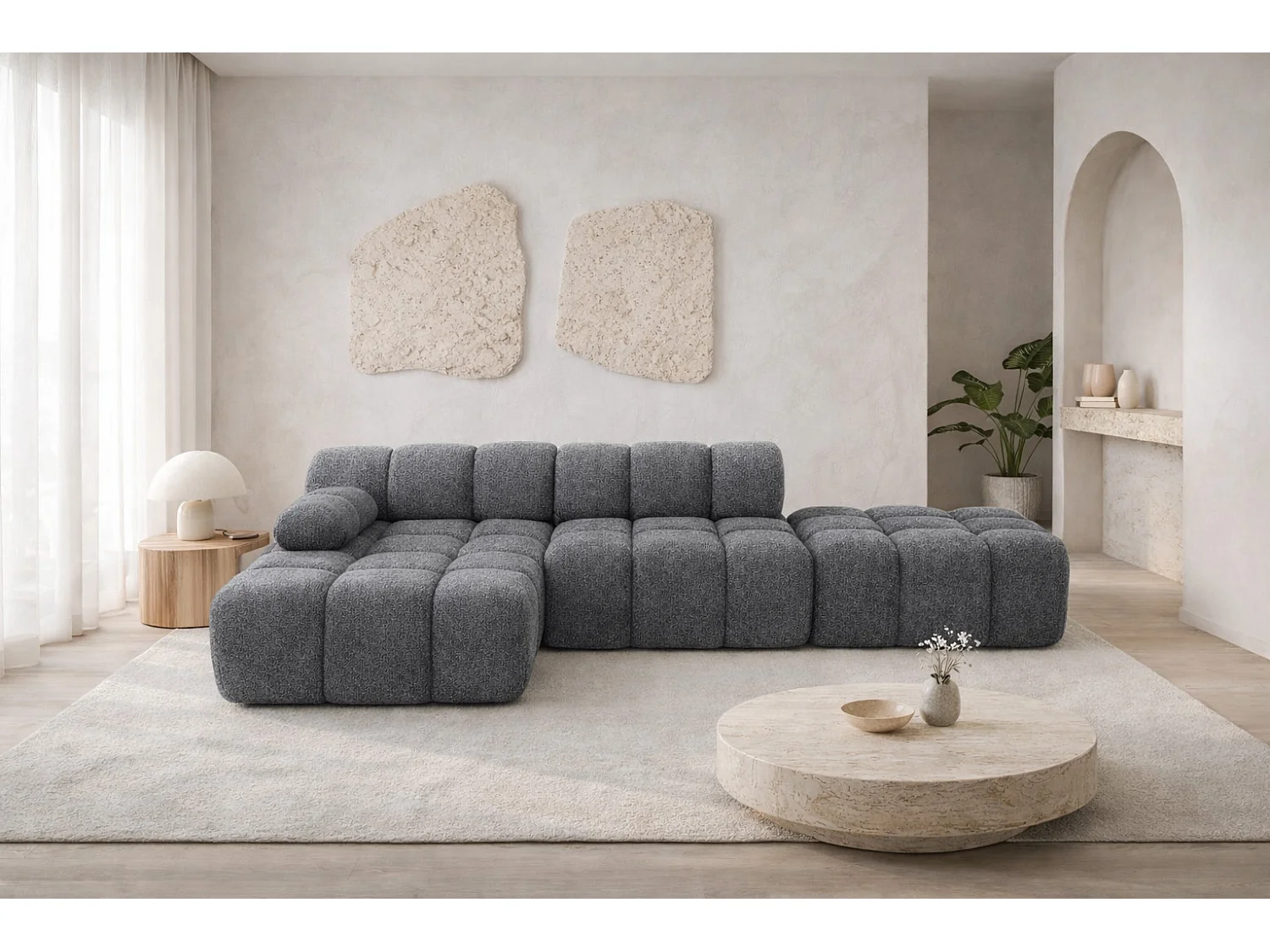 Ecksofa modular mit Hocker, Sofa L-Form, Bouclé-Stoff Abriamo, Dunkelgrau, Links, Selia