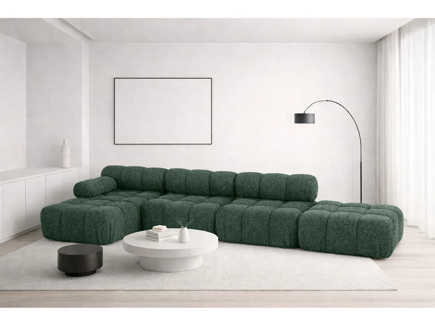 Narożnik modułowy w kształcie L, tkanina bukla Abriamo, Ciemnozielony, Lewy, Selia L XL