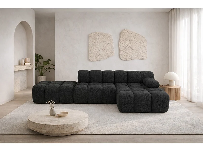 Ecksofa modular mit Hocker, Sofa L-Form, Bouclé-Stoff Abriamo, Graphit, Rechts, Selia