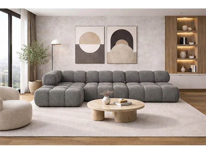 Hoekbank modulair L-vorm, bouclé stof Abriamo, donkergrijs, links, Selia