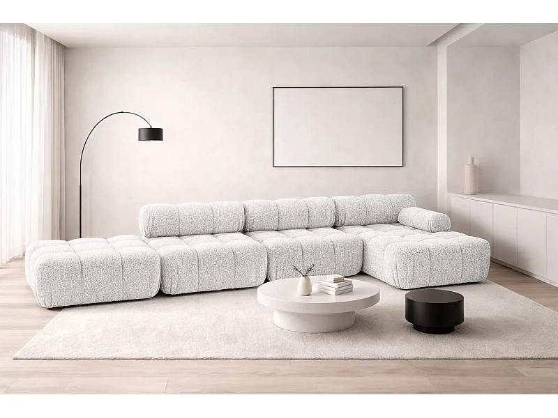 Narożnik modułowy w kształcie L, tkanina bukla Abriamo, Ecru, Prawy, Selia L XL