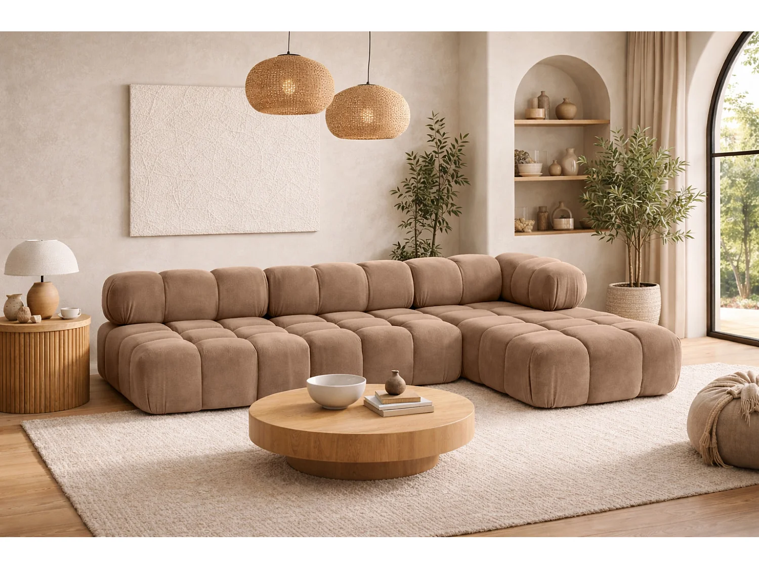 Narożnik modułowy w kształcie L, tkanina welurowa Salvador, Ciemnobeżowy, Prawy, Selia